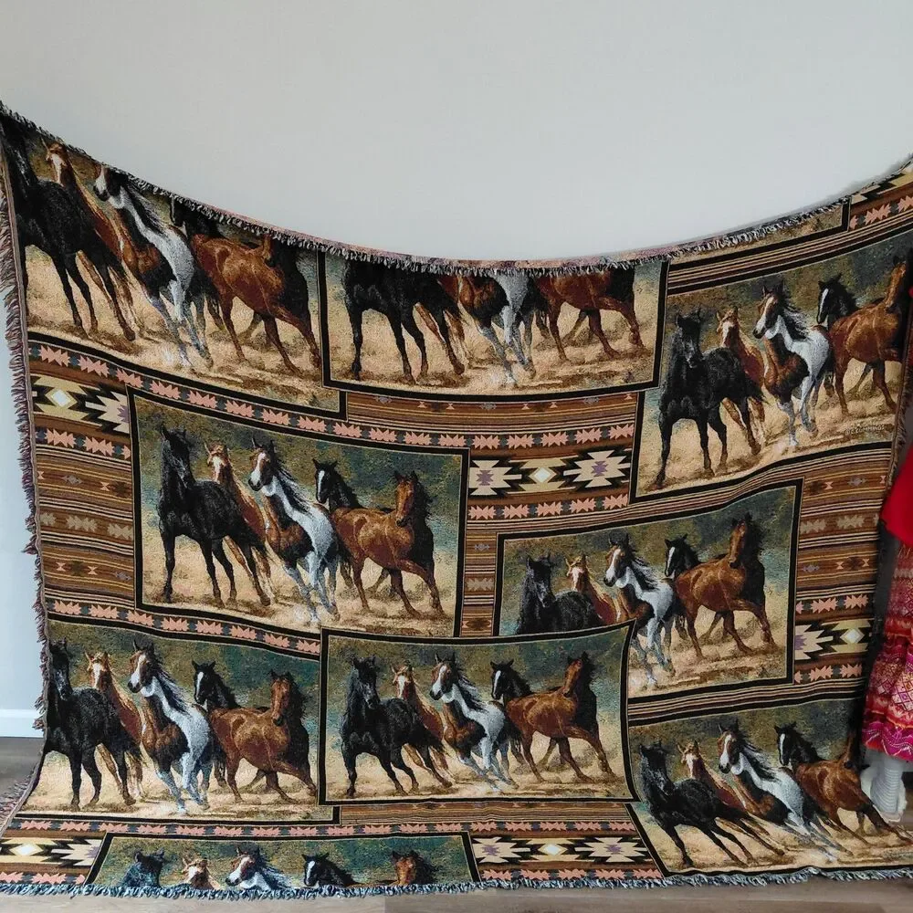 Vintage 90s C. Cummings Horses Fringe Throw Tapestry Blanket 8ft 9